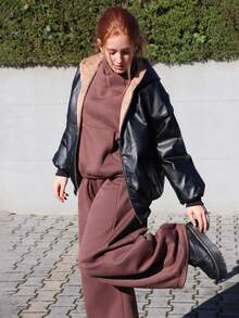 SILVIA DI SANTO Women's Autumn And Winter Black Leather Jacket With Hood, Velvet Lining For Warmth - Black - View 6