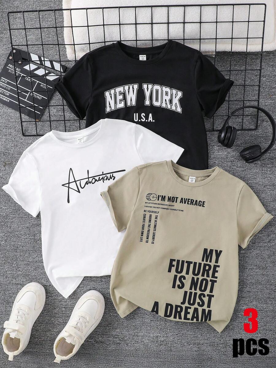 SHEIN 三件套，买二送一，男女童字母印花圆领针织T恤运动套装，黑色、白色、卡其色，适合上学、郊游、派对、春夏季穿着。