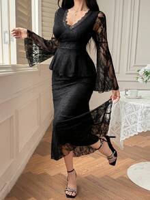 DAZY 女士优雅蕾丝V领喇叭袖上衣和半裙两件套，夏季 - 黑色 - 查看 7