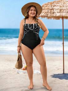 Swim Lushoire Plus Size Women One-Piece Solid Color Patchwork Black & White Polka Dot Print Spaghetti Strap Beach Vacation Bikini Swimsuit - Black and White - View 7