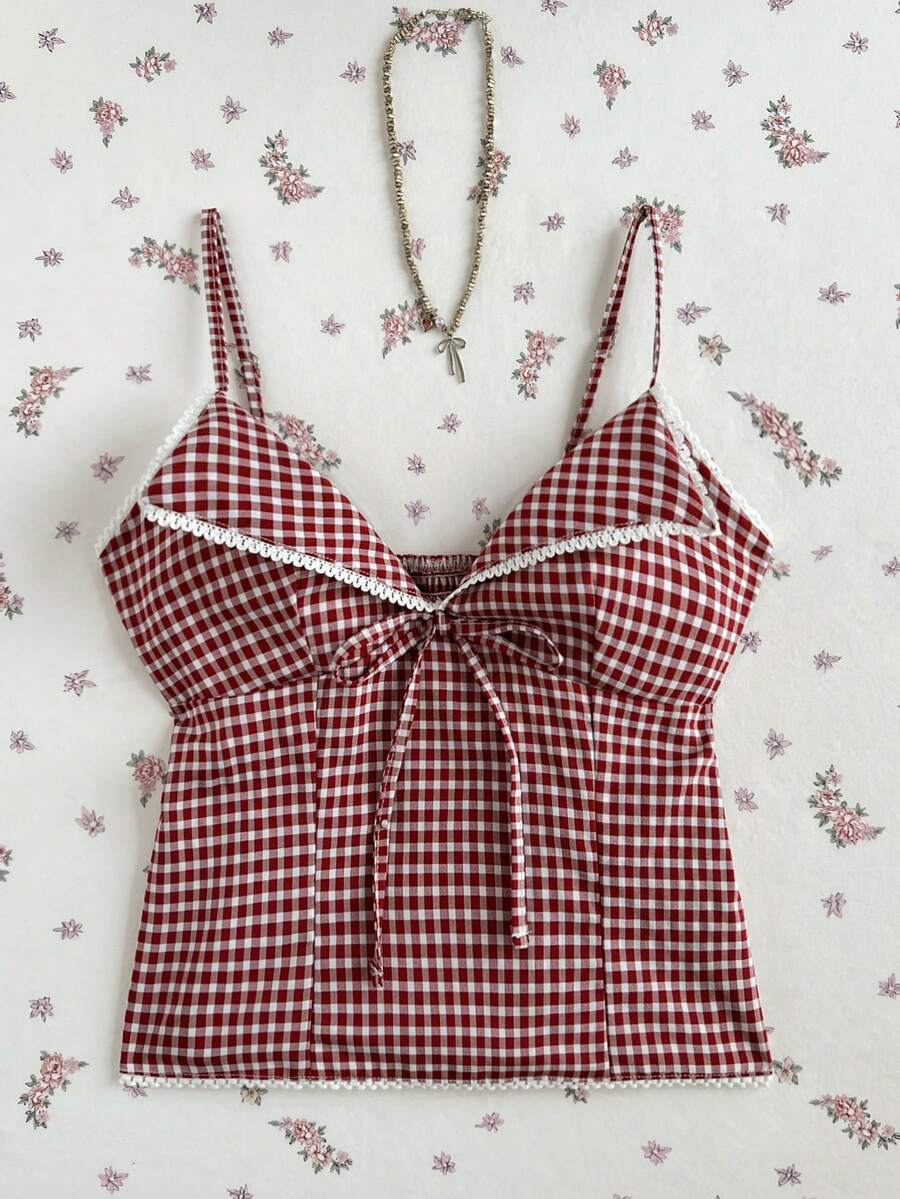 Elamini 女士格子印花撞色滚边休闲吊带衬衫 - 彩色 - 查看 1