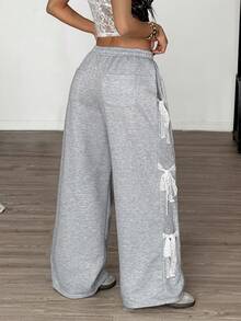 SHEIN EZwear Quần nỉ nữ màu xám, chất liệu dệt kim, cạp chun, kiểu dáng rộng rãi, đa năng. - Xám - Xem 2