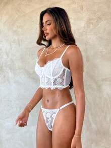Aloruh 2pcs/Set Women's White Romantic Long Style Lingerie Bra & Panty Set - White - View 4