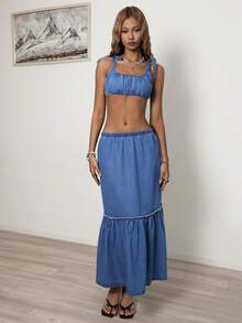 Sunnyshic Women's Casual Vacation Denim Crop Top And Mini Skirt Set - Blue - View 3