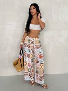 SHEIN PETITE Quần ống rộng thắt eo họa tiết hoa mùa thu dành cho nữ, trang phục đi nghỉ mát mùa hè, đi biển, du lịch. - Nhiều màu - Xem 9