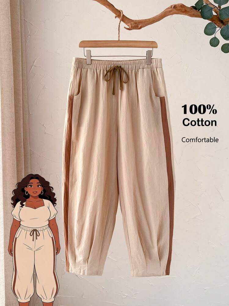 Plus Size Women's Summer Casual Vacation Country Drawstring Waist Linen And Brown Patchwork Pocket Harem Pants, Spring/Summer,Comfortable And Breathable,Summer Holiday,Spring Break, Vacation Women, Holiday For Women,Going Out,2026 New,Simple And Fashionable For Everyday Wear,Suitable For Summer, Vacation, Commute, Daily Wear,Khaki Pants, Cropped Pants