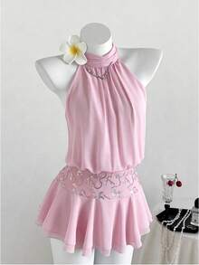 Sweetra Women's Elegant Light Pink Summer Cute Party Backless Halter Sequin Patchwork Chiffon Double-Layer Hem Dress,Fashionable Sweet Beach Graduation - Pink - View 3
