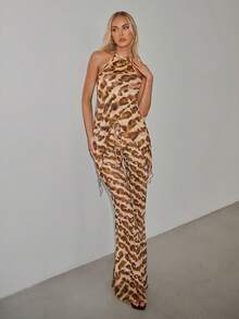 SHEIN ICON Women's Y2K Going Out Sexy Party Gown For Prom Night Club Concert Gyaru All-Over Print Slit Hem Halter Neck Camisole,Summer - Multicolor - View 4