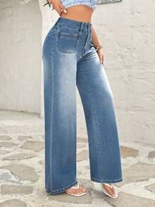 Rivivi Fashionable Casual Washed Straight Leg Jeans With Pockets - Medium Wash - View 3