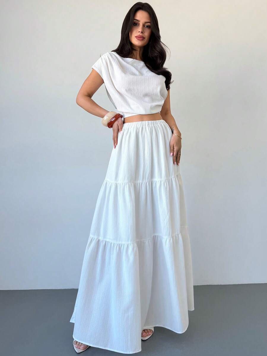 Firerie Women's New White Pleated Cropped Top And Layered Long Skirt Set, Summer White Vacation Midi Skirt Set, Elastic Waist Long Skirt Set, Bohemian Style Set, Spring Summer Outfit, Elegant, Commute, Date, Boho, Vacation, Beach, Skirt Set, Ladies 2-Piece - White - View 1