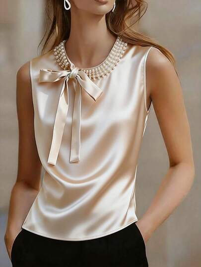 Franclia Women's Spring And Summer Elegant Solid-Color Collar Pearl-Embellished Shirt, With Pearl Decoration At The Collar And Bow Decoration, Solid-Color Satin Lustrous Fabric Shirt, Spring And Summer Clothing, Fashionable And Casual Elegant Shirt, Lady's Shirt, Spring And Summer Clothing, Outdoor Clothing