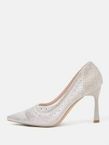 CUCCOO HITCHD 女士尖头高跟鞋，水钻装饰网布材质，时尚舒适，适合日常、派对、婚礼等场合的套脚高跟鞋 - 銀色 - 查看 13