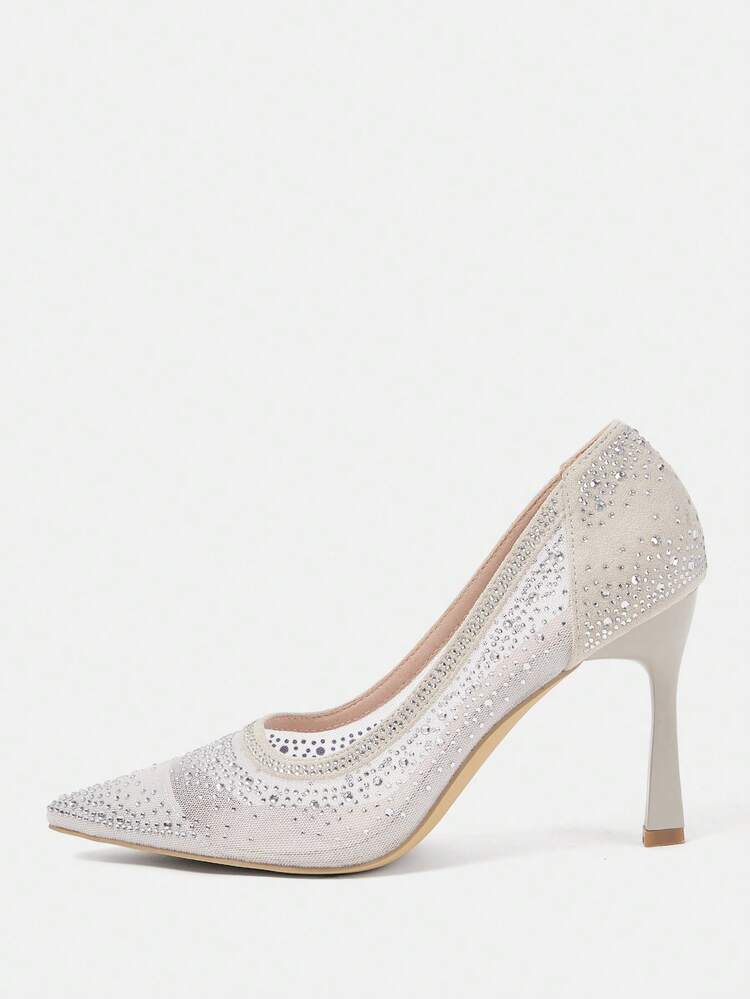 CUCCOO HITCHD Women's Pointed Toe High Heel Shoes, Rhinestone Decor Mesh Material, Fashion Comfortable Daily, Party, Wedding Occasion Slip-On Pumps Wedding Shoes Spring Shoes Bride Shoes