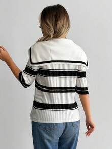 SHEIN Contrast Stripe Sailor Collar Tie-Front Knit Top - Black and White - View 6