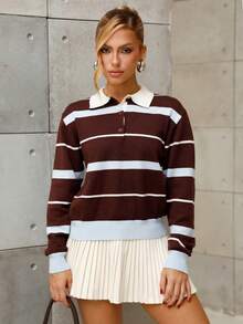 BiaLiraa 女式秋冬学院风马球领撞色条纹棕蓝宽松针织毛衣 - 彩色 - 查看 1