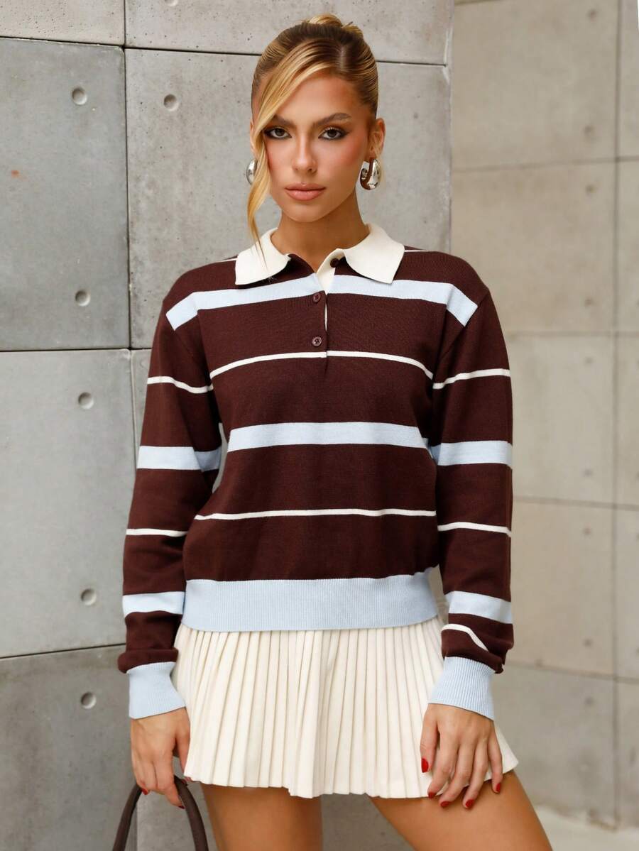 BiaLiraa 女式秋冬学院风马球领撞色条纹棕蓝宽松针织毛衣 - 彩色 - 查看 1