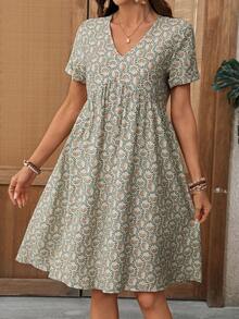 EMERY ROSE Women's V-Neck Allover Print Pleated Casual Summer Short Dress - Multicolor - View 3