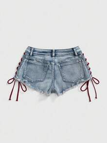 ROMWE Avant Quần short denim mini gợi cảm cạp thấp Y2K phong cách thể thao ba lê cổ điển dành cho nữ có logo thêu họa tiết dây rút - Màu xanh nhạt - Xem 3