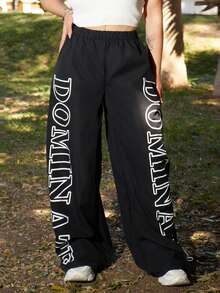 Lupita Cardoza Women's Street Style Letter Print Elastic Waist Wide Leg Pants Fall Cloth For Women - Black - View 3