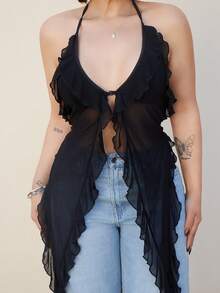 Lupita Cardoza Summer's Sexy Boho Chic Ruffle Hem Floral Print Halter Backless Top Rave Top Rave Outfits Festival Rave Outfits Women Summer Top Boho Top Boho Women's Clothing Bohemian Clothes - Black - View 6