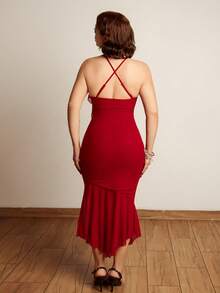 Lupita Cardoza Damen Asymmetrischer Kragen Kreuzträger Slim Fit Fischhalsausschnitt Rotes Partykleid - Bordeaux - Übersicht 2