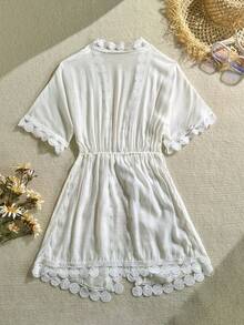 Swim Vcay 女士优雅蕾丝边罩衫，适合海滩、泳池、夏季度假 - 白色 - 查看 2