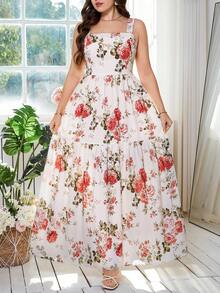 Ellevyn 大码女式印花褶皱腰身优雅派对连衣裙 - 粉色 - 查看 9