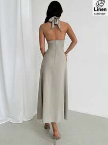 Firerie New Spring/Summer Women Elegant Casual Minimalist Commute & Vacation Dress, Linen-Like Bamboo Texture Halter Neck Cinched Waist A-Line Backless Slimming Maxi Dress, Casual Vacation, Beach, Outdoor Daily Wear, Beach Dress Outfit - Light Grey - View 2