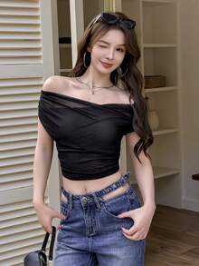 K-Vae Women's Sexy Elegant Off Shoulder Asymmetrical Mesh Sheer Casual Tee, Suitable For Dating, Party, Commuting, Daily Wear, Slimming, Spring/Summer - Black - View 5