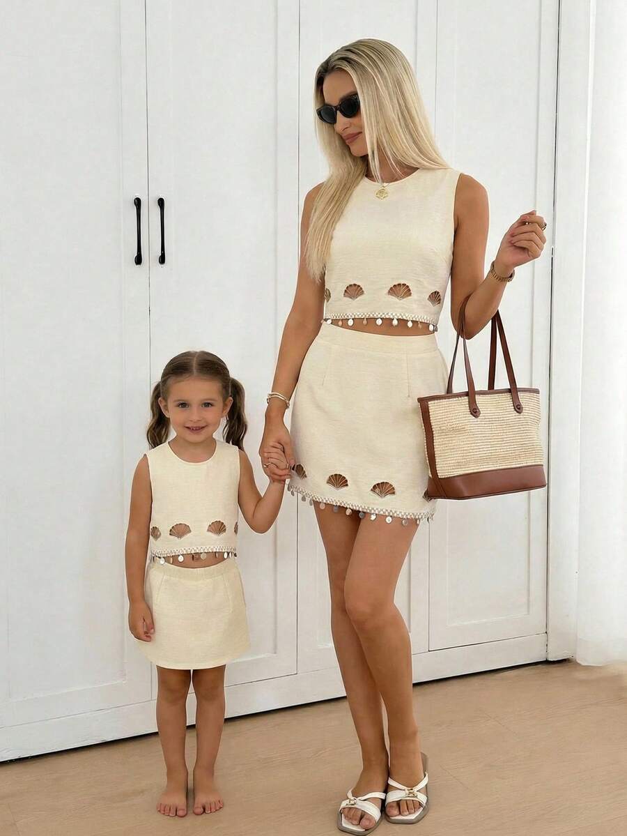 Easowa Ensemble débardeur et mini-jupe décontracté de vacances, couleur unie avec pendentif ajouré - Kaki - Voir 1