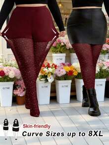 SHEIN CURVE+ Burgundy,Summer,Cute,Everyday Plus Size Curve US22 Glitter Mesh Sheer Tights,Bohemia Black Leggings For Music Festival,Party,Valentine's Day - Burgundy - View 2