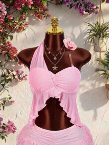 Amplova 2026新款女士露背3D立体花卉度假风吊带衫 - 粉色 - 查看 3