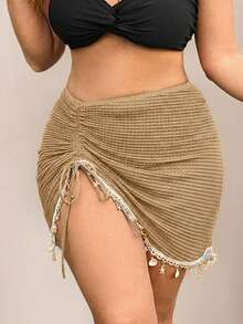 SHEIN Swim Vcay Plus Size Women Summer Beach Vacation Drawstring Ruched Starfish Shell Tassel Solid Color Special Texture Fabric Split Skirt - Khaki - View 5