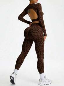 Dewbera Dewbera Women's Leopard Print Round Neck Backless Long Sleeve Top And Tight Leggings Casual Sports Suit - Coffee Brown - View 3