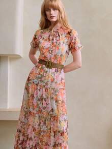 Arave 优雅印花雪纺荷叶边下摆女式连衣裙 - 粉色 - 查看 6