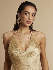 Silquee 女士V领吊带流苏短连衣裙，春夏款 - 金色 - 查看 4