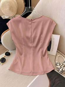 Franclia Women's Elegant Round Neck Waist Fitted Pleated Short Sleeve Versatile Solid Light Peach Blouse - Rusty Rose - View 2