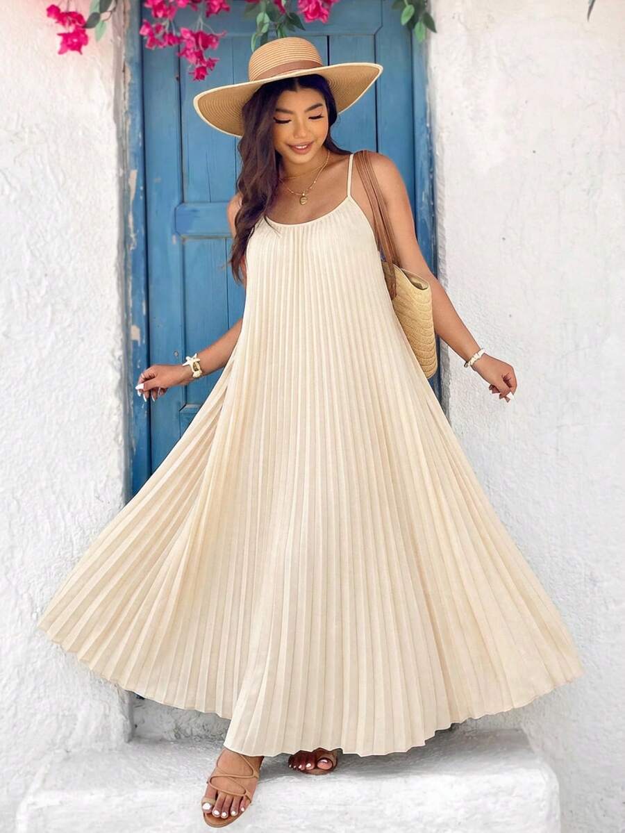 SHEIN VCAY Plus Size Casual Solid Color Pleated Backless Camisole Dress - Apricot - View 1