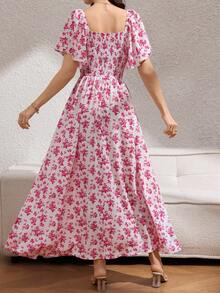 Rafferiza Women's Elegant Casual Red Floral Print Square Neck Ruffle Sleeve Back Tie Waist Slimming Long Vacation Dress, Summer - Red and White - View 2