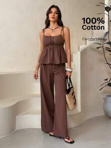SHEIN Tall 100% Cotton Woven Brown Linen Camisole And Pants Set Pant Suit Summer Sets Brown Two Piece Set Summer Pants Sets For Women Linen Two Piece Set Brown Jumpsuit - Brown - View 4