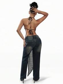 Amplova 2026 Black Sheer Sequin Halter Asymmetrical Music Festival Vest,Summer Top - Black - View 3