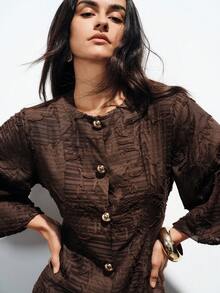Aveloria Modichic Áo blazer ren họa tiết, màu nâu sô cô la, kiểu dáng chữ A rộng rãi thanh lịch cổ điển với điểm nhấn là cúc kim loại, phù hợp cho trang phục công sở và dự tiệc mùa xuân/thu. - màu nâu - Xem 5