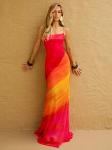 BiaLiraa 新款度假风彩虹渐变网纱印花露背波西米亚风长裙，毕业派对礼服 - 紅色 - 查看 2