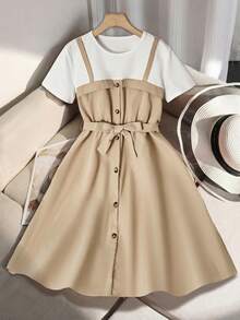 SHEIN 少女休闲优雅校园风淑女户外圆领两件套吊带连衣裙，配腰带，夏季 - 卡其色 - 查看 4