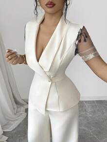 Elenzga 女士杏色领口高领设计腰带拼接网纱刺绣短袖不规则下摆上衣，搭配阔腿裤，优雅精致，适合情人节、复活节、劳动节、生日、约会、派对、正式场合、教师装、旅行、街头风、春季等各种场合。 - 杏色 - 查看 1