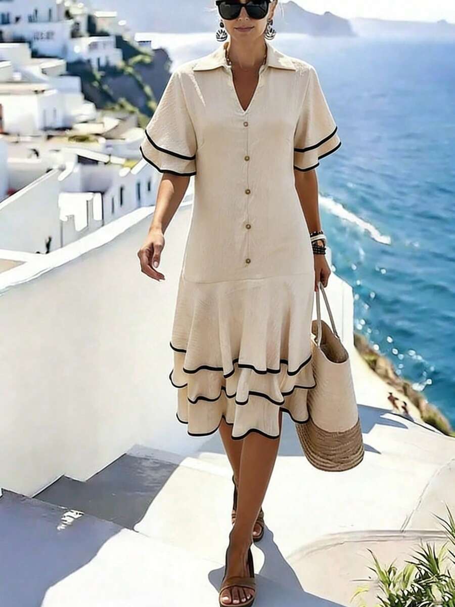 SHEIN Holidaya 女士新款翻领纽扣前襟双层荷叶袖中长连衣裙 - 杏色 - 查看 1