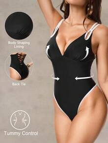 Shapewave 26SS 春夏沙滩度假性感收腹黑白撞色镂空连体泳衣 - 黑色 - 查看 9