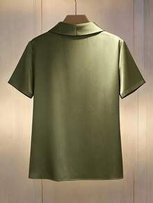 SHEIN LUNE Blouse courte à manches courtes en satin unicolore élégante de style français pour femmes - Vert - Voir 2