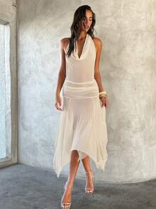 Aloruh Women's Summer Casual Sexy White Beach Vacation Dress, Elegant Sheer Deep V Backless Asymmetric Hem Coverup, Ladies Resort Dinner Party Wear Outfits - Apricot - View 3