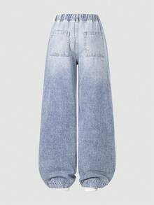 Teenager Mädchen Relaxed Fit Verwaschen Jeans, Weicher Baumwollstoff, Modisch, Vielseitig, Locker & Bequem, Minimalistisch, Elastischer Bund mit Verstellbarem Weißem Kordelzug, Cargo Taschen, Weites Bein Silhouette, Hellblau, Geeignet für Alltag und Urlaub - Blau - Übersicht 2